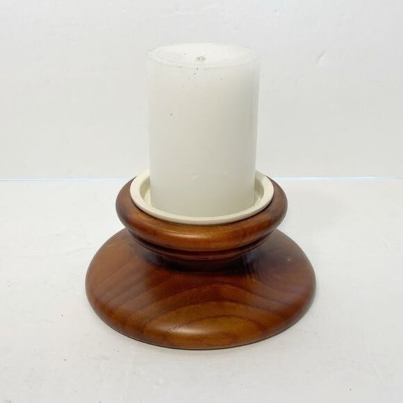 Vintage Teak Pillar Candle Holder White Ceramic Base Round Mid Century Modern - Picture 2 of 5